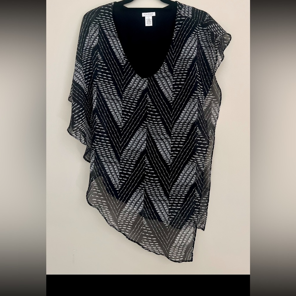 Caché Black & White Asymmetrical Chevron Blouse - Size M